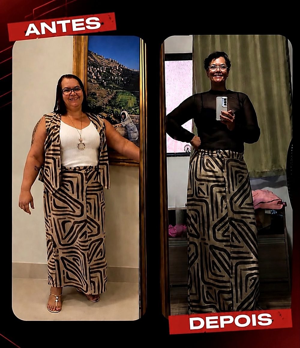 Antes e depois de aluna da consultoria online, transformação com perda de peso