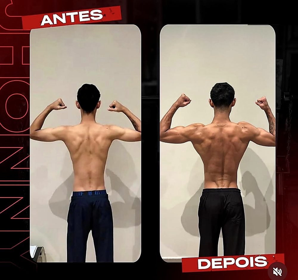 Antes e depois de aluno ganhando massa magra no presencial